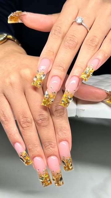 Long square golden crystal French-tip nail set