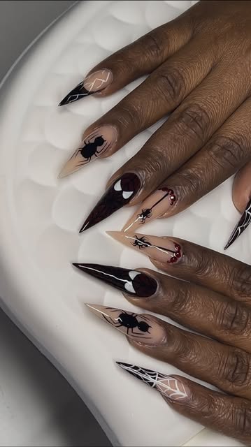 Long pointed black and nude gothic nail set with spiderweb and heart details
